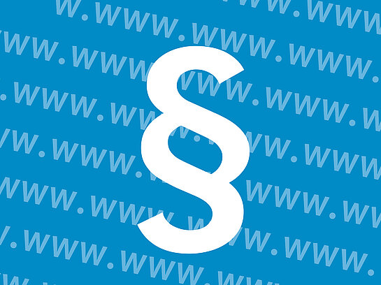 [Bild] ein großes weißes Paragraphenzeichen auf blauem Hintergrund mit mehreren Schriftzügen der drei Buchstaben www.